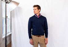 Load image into Gallery viewer, The Navy Emmons Stripe V-Neck Sweater