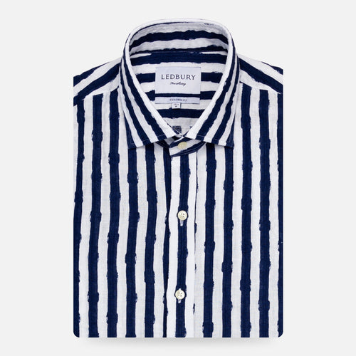The Navy Tobin Linen Printed Seersucker Casual Shirt Casual Shirt- Ledbury