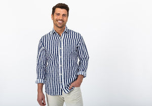 The Navy Tobin Linen Printed Seersucker Casual Shirt Casual Shirt- Ledbury