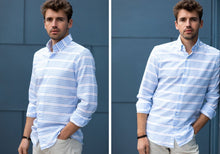 Load image into Gallery viewer, The Light Blue Harlan Cotton Linen Stripe Dress Shirt Dress Shirt- Ledbury
