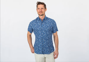 The Cadet Blue Short Sleeve Linen Brookshire Print Casual Shirt Casual Shirt- Ledbury